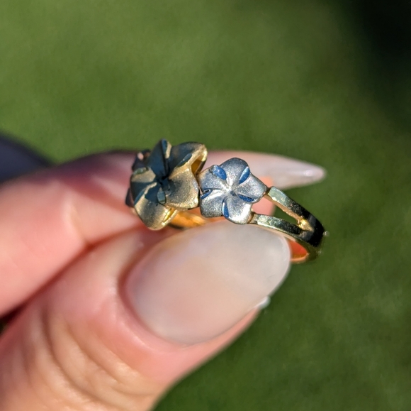 Solid 14K Yellow Rose White Tri Color Plumeria Ring - Picture 3 of 7